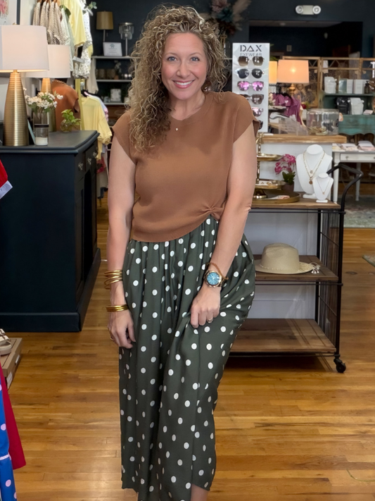 Camel + Sage Polka Dot Layered Midi Dress