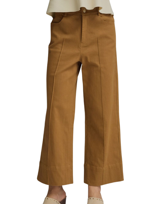 Brown wide-leg pants worn by a person on a white background