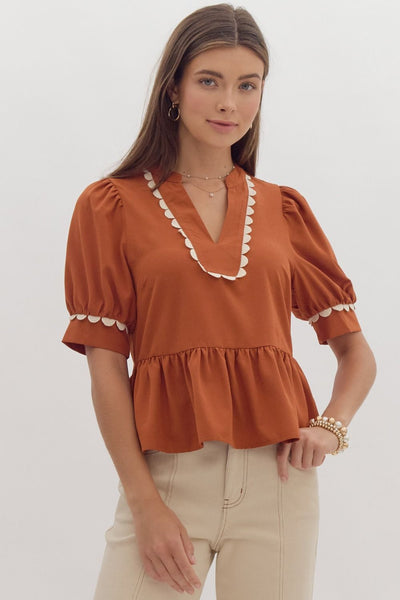 Caramel Rik Rak Peplum Top - Themasonboutique