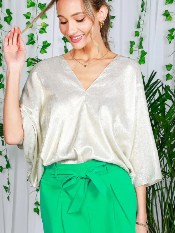 Woman wearing a silver blouse and green pants against a white background with green plants.