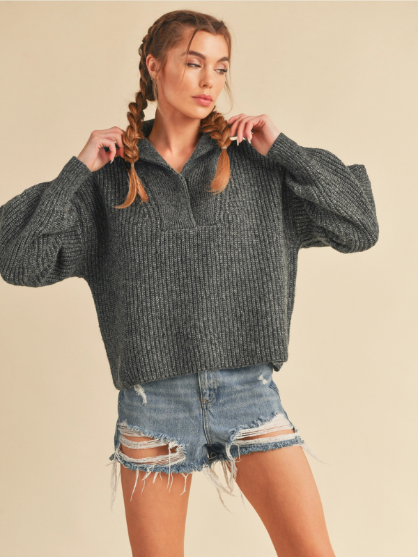 Charcoal Oversized Collar Henley Sweater