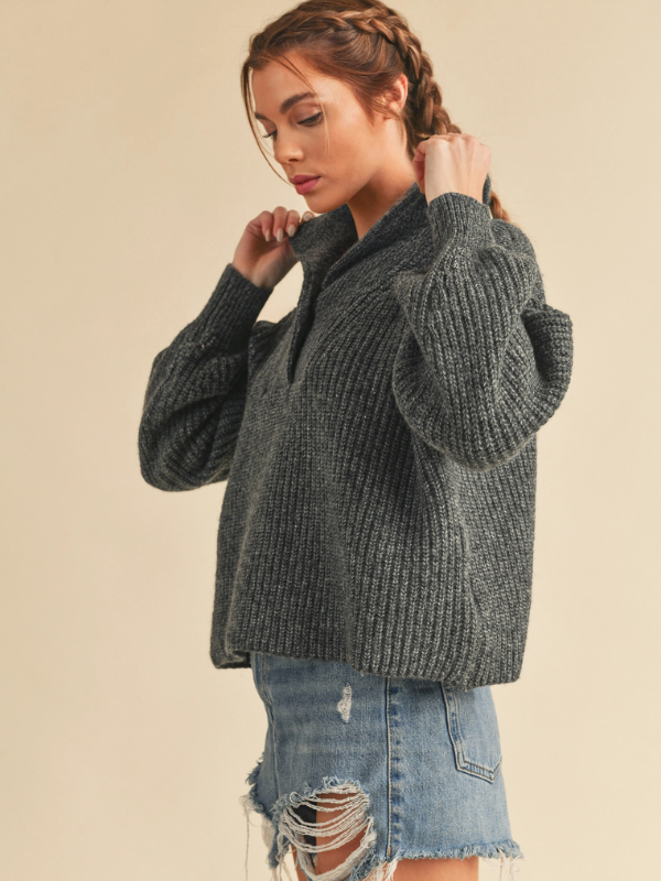 Charcoal Oversized Collar Henley Sweater