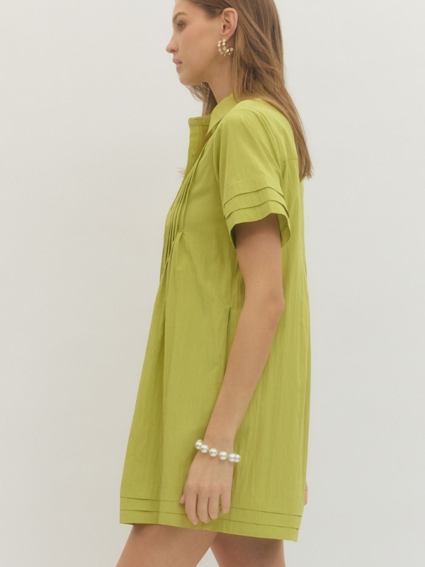 Woman wearing a green dress against a white background
