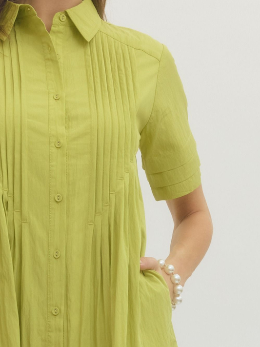Green pleated dress worn by a person on a plain background
