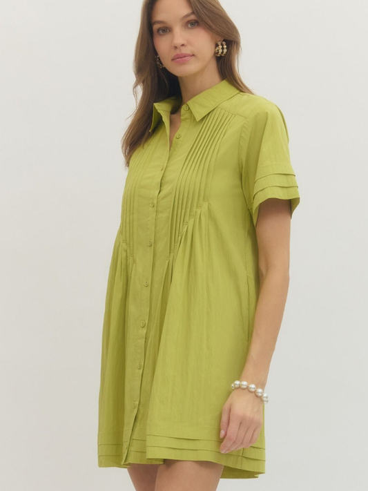 Woman wearing a green dress against a white background