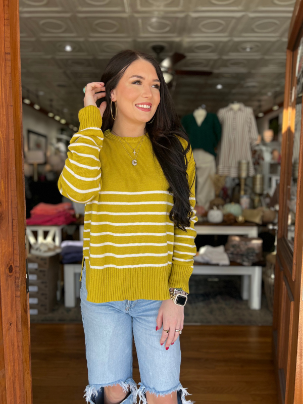 Chartreuse & Ivory Stripe Drop Shoulder Sweater