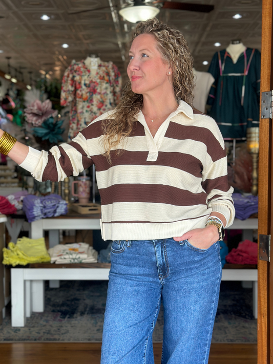 Chocolate & Cream Wide Stripe Collared Top - Themasonboutique