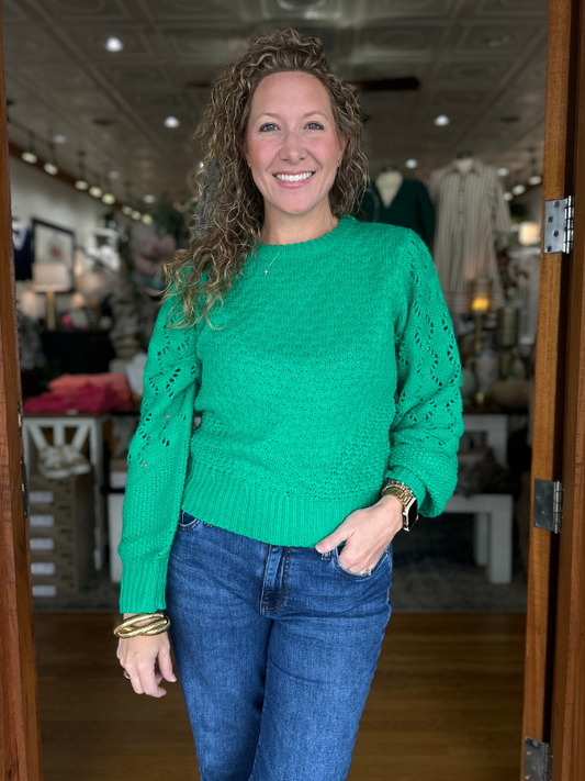 Clover Green Pointelle Puff Sleeve Sweater