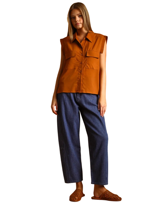 Cognac Chiffon Sleeveless Pocket Top