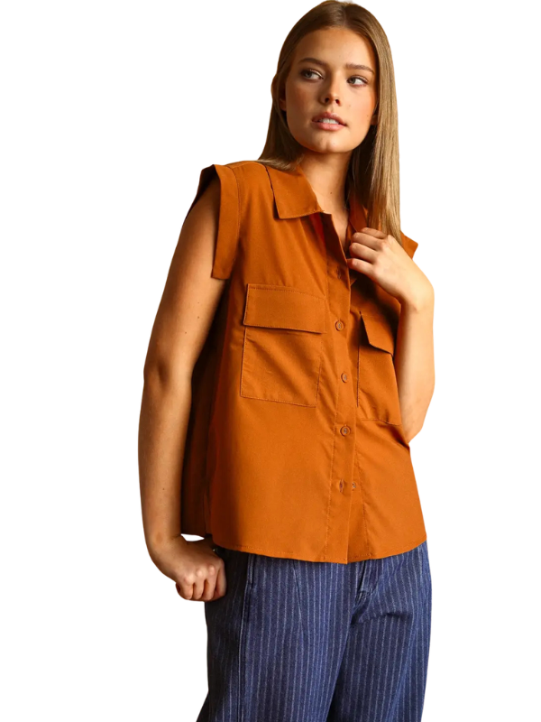 Cognac Chiffon Sleeveless Pocket Top