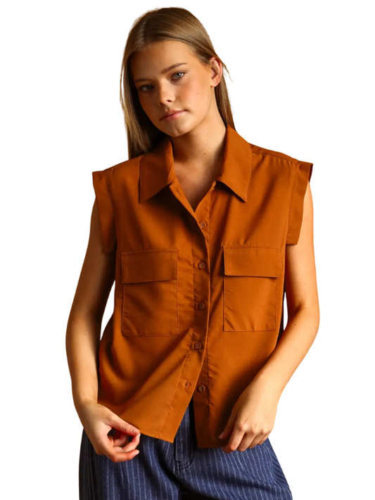 Cognac Chiffon Sleeveless Pocket Top