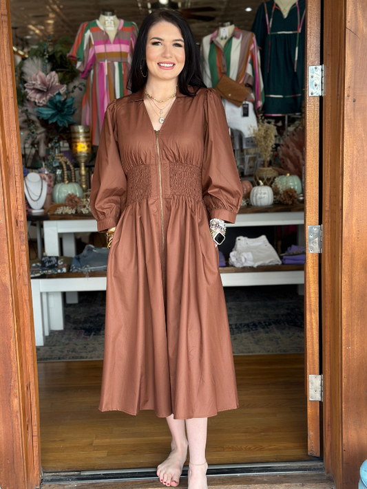 Cognac Smocked Waist Midi Dress