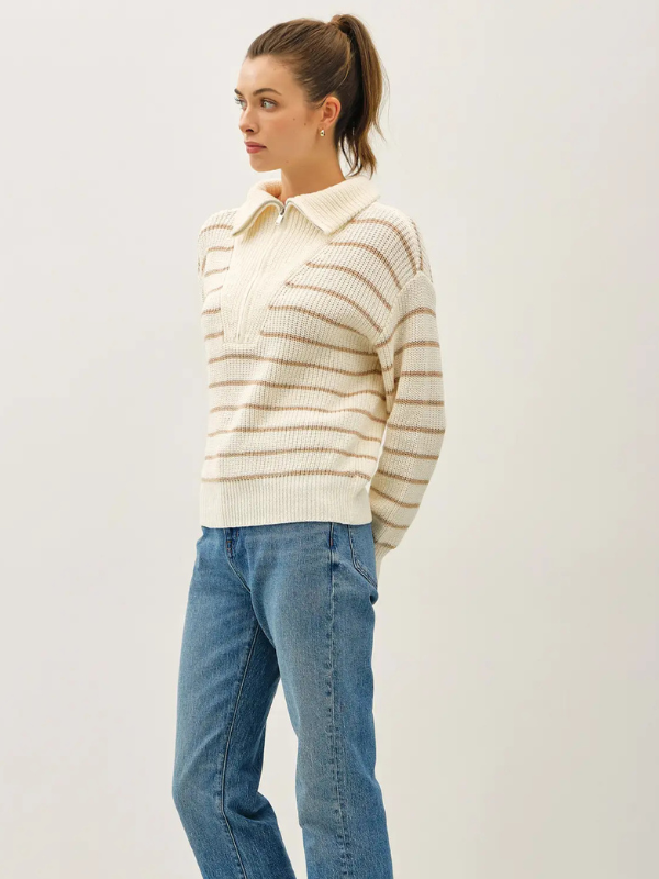 Collared Half Zip Ivory Striped Sweater