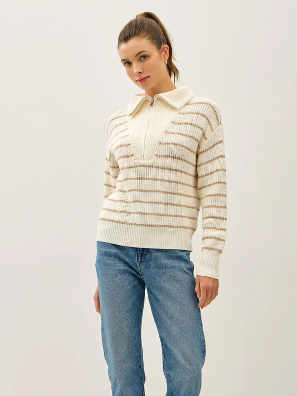 Collared Half Zip Ivory Striped Sweater