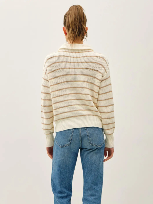 Collared Half Zip Ivory Striped Sweater
