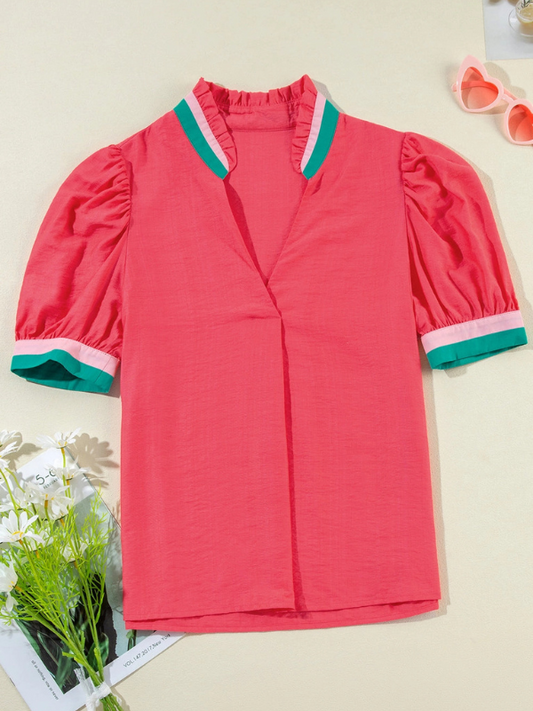 Coral Colorblock Trim Short Sleeve Blouse