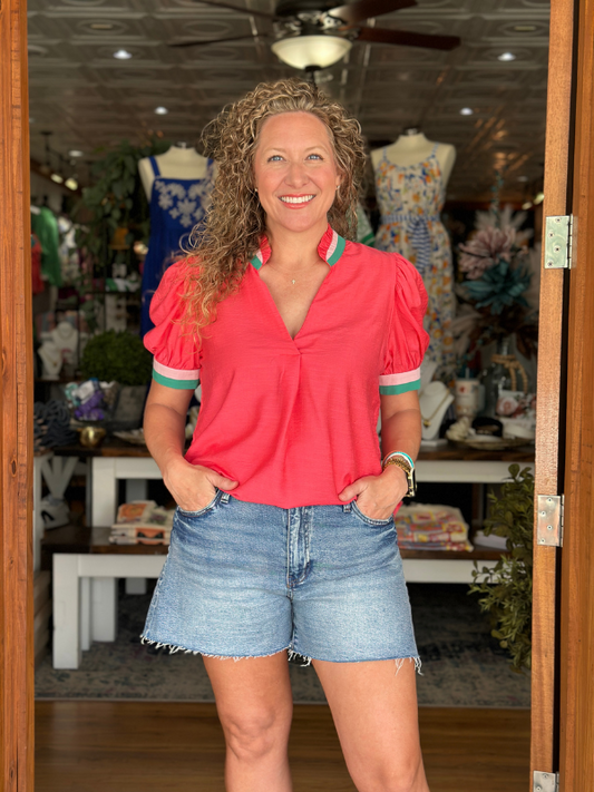 Coral Colorblock Trim Short Sleeve Blouse