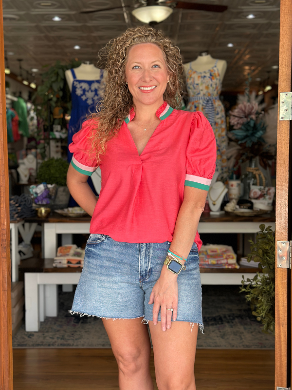 Coral Colorblock Trim Short Sleeve Blouse