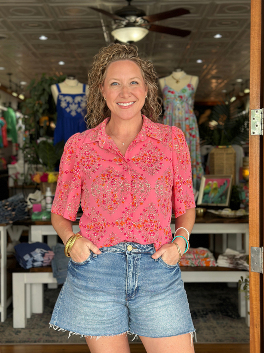 Coral Floral Button Up Shirt