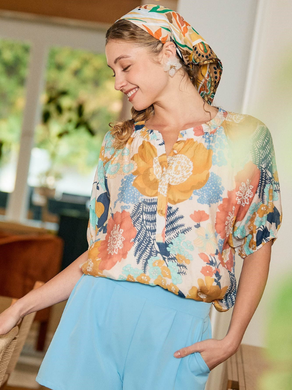 Coral + Navy Floral Print Button Top