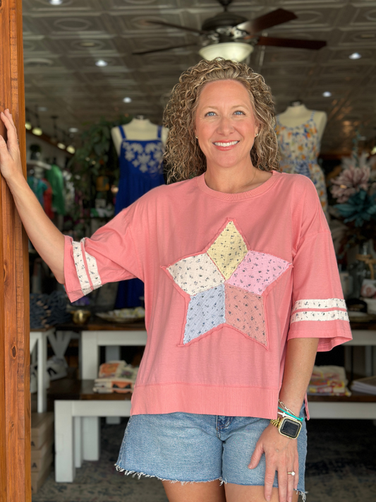Coral Patchwork Star Top