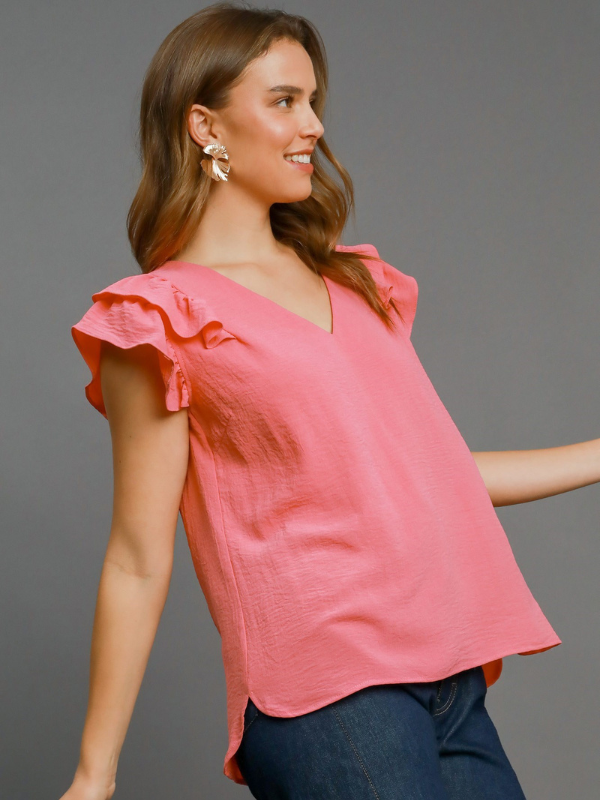Coral Pink Ruffle Sleeve V-Neck Top