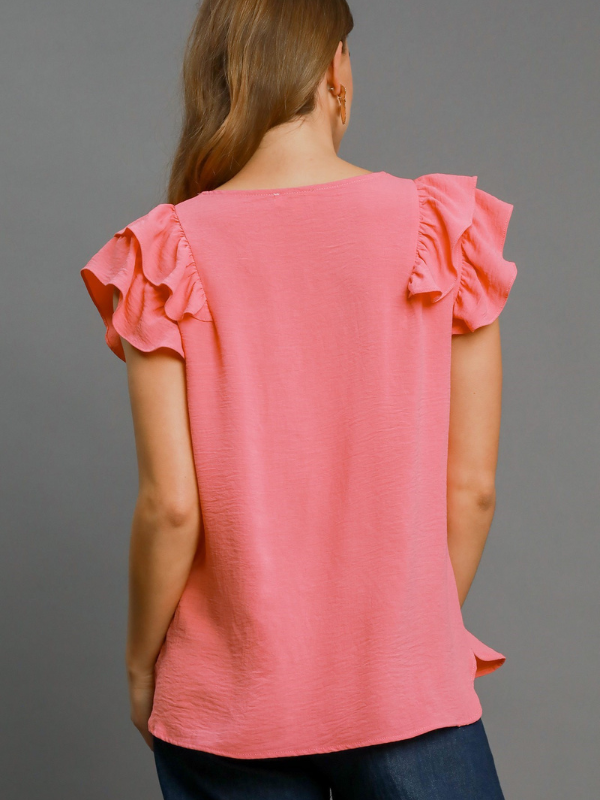 Coral Pink Ruffle Sleeve V-Neck Top