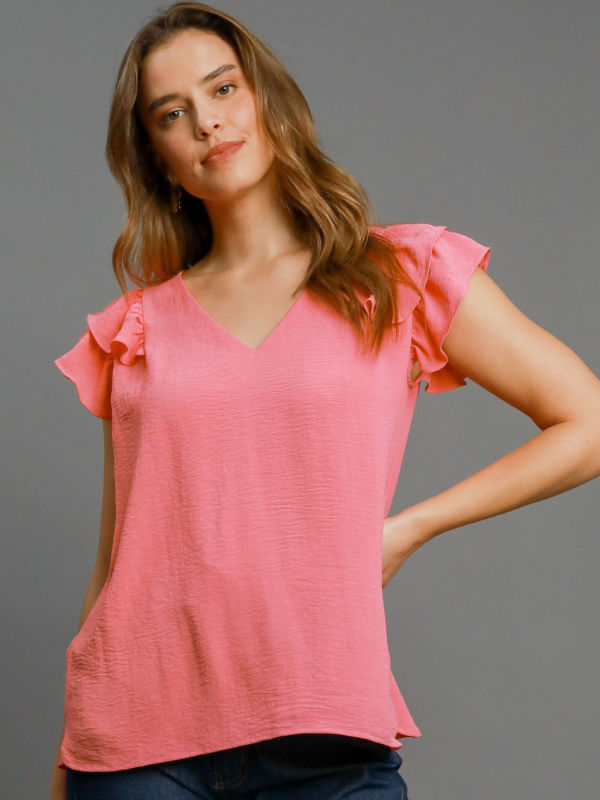 Coral Pink Ruffle Sleeve V-Neck Top