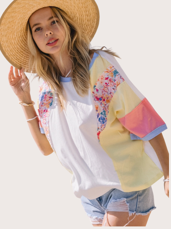 Coral+ Yellow Floral Colorblock Top