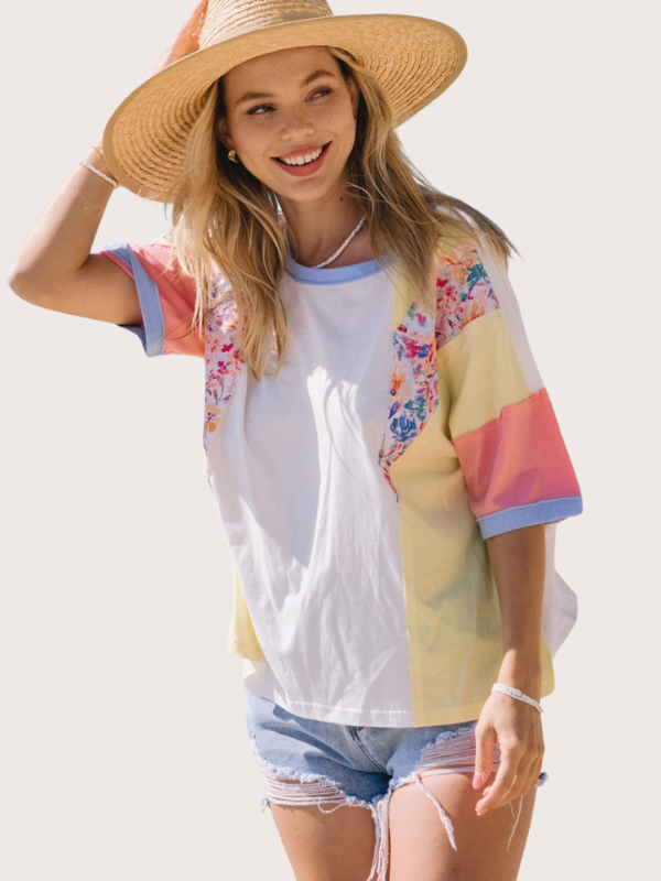 Coral+ Yellow Floral Colorblock Top