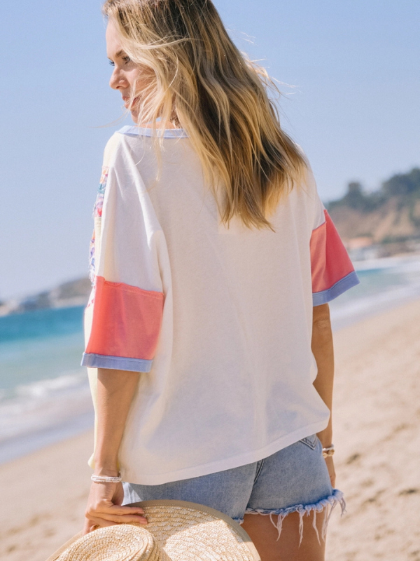 Coral+ Yellow Floral Colorblock Top