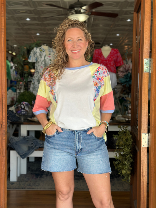 White Spring Floral Colorblock Top