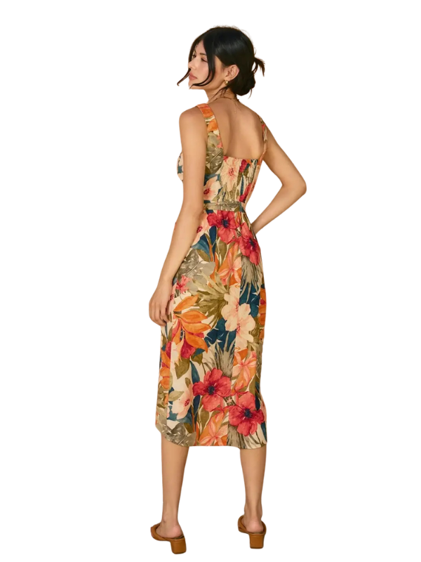 Woman wearing a floral dress on a white background