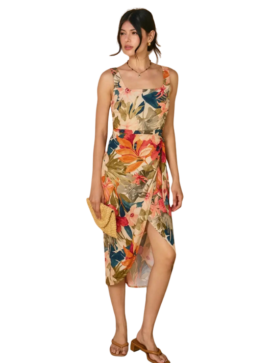 Woman wearing a floral dress on a white background