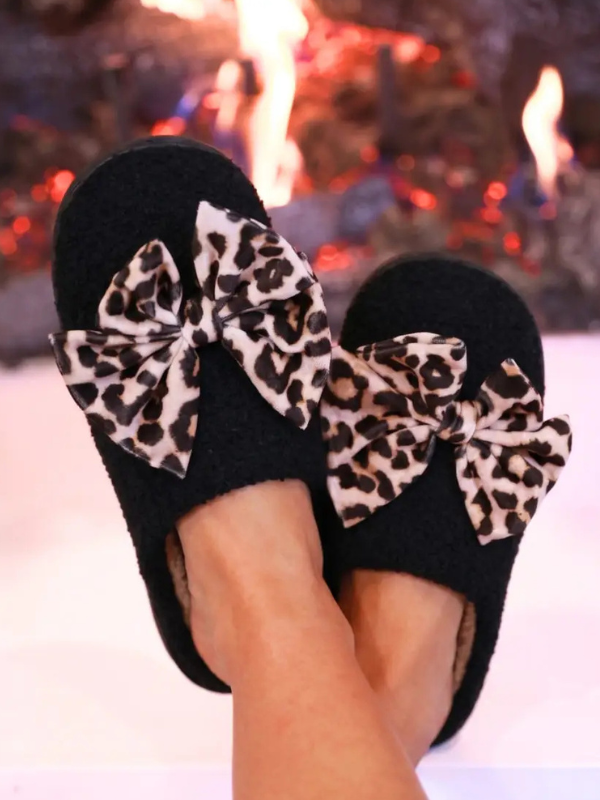 Cozy Bow Slippers - Black + Leopard