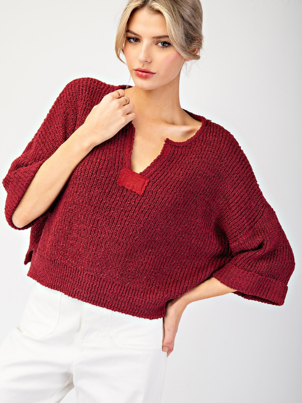 Cranberry Loose Knit 3/4 Sleeve Sweater