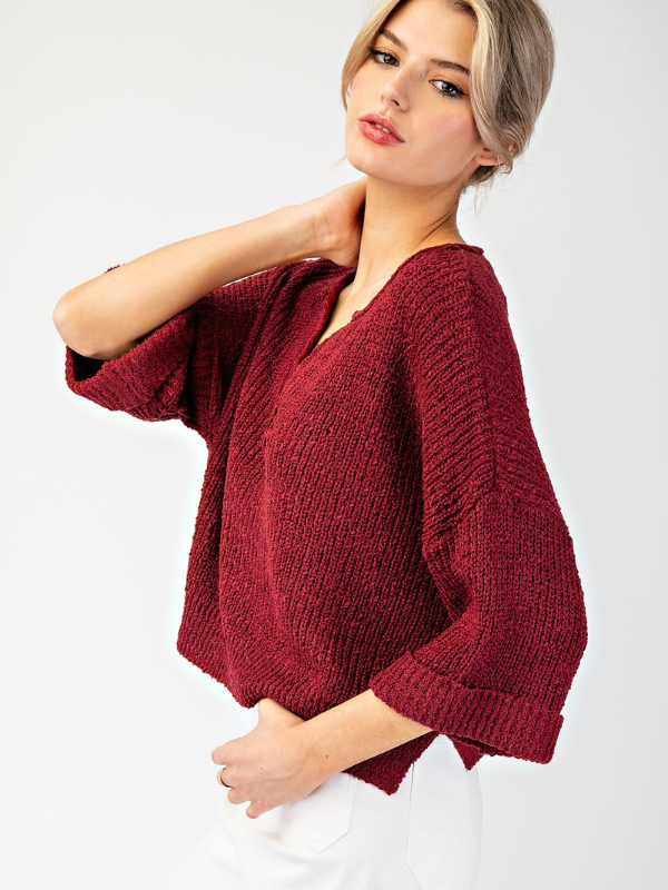 Cranberry Loose Knit 3/4 Sleeve Sweater