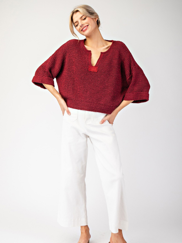 Cranberry Loose Knit 3/4 Sleeve Sweater