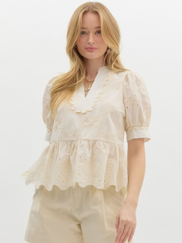 Cream Eyelet Peplum Top