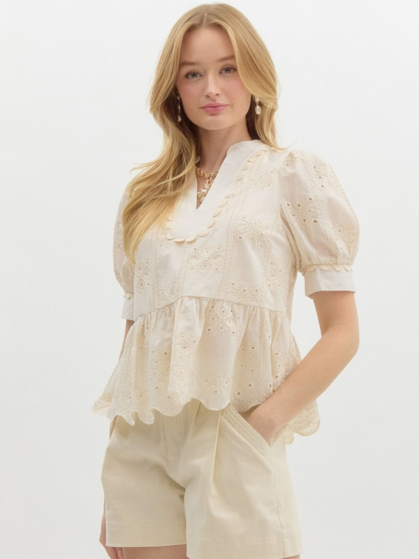 Cream Eyelet Peplum Top