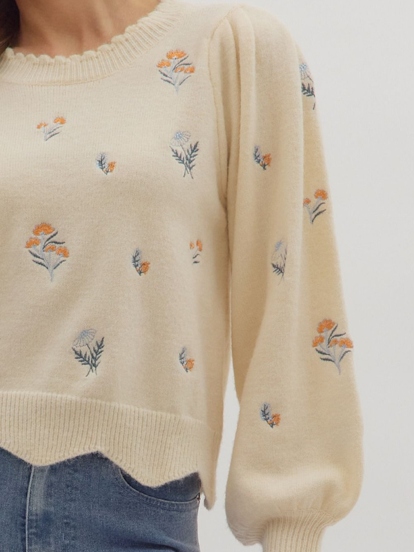 Beige sweater with floral embroidery on a plain background