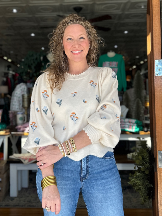 Cream Floral Embroidered Sweater