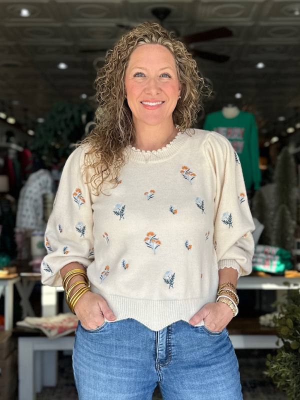 Cream Floral Embroidered Sweater