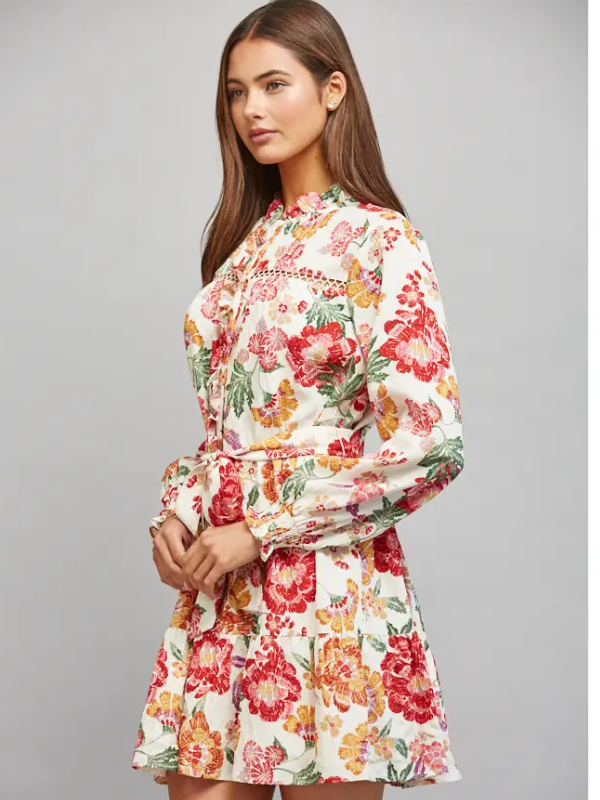 A woman modeling a long-sleeve floral mini dress with a tie waist, photographed against a plain light gray studio background.