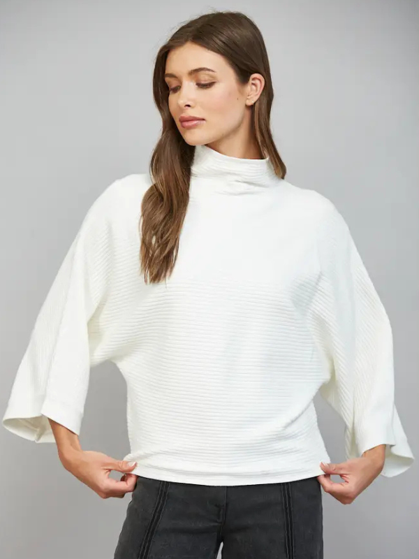 woman wearing a Cream Horizontal Textured Ribbed Sweater