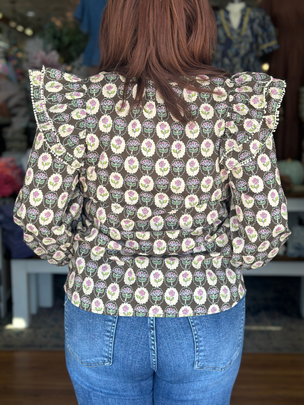 Brown Floral Medallion Ruffle Top