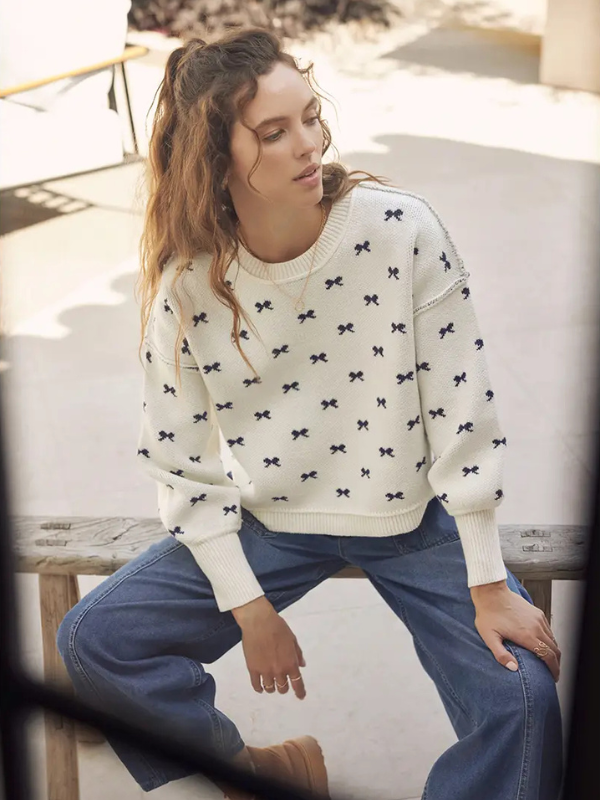Cream + Navy Bow Print Sweater