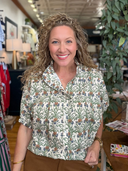 Cream + Olive Floral Button Up Top