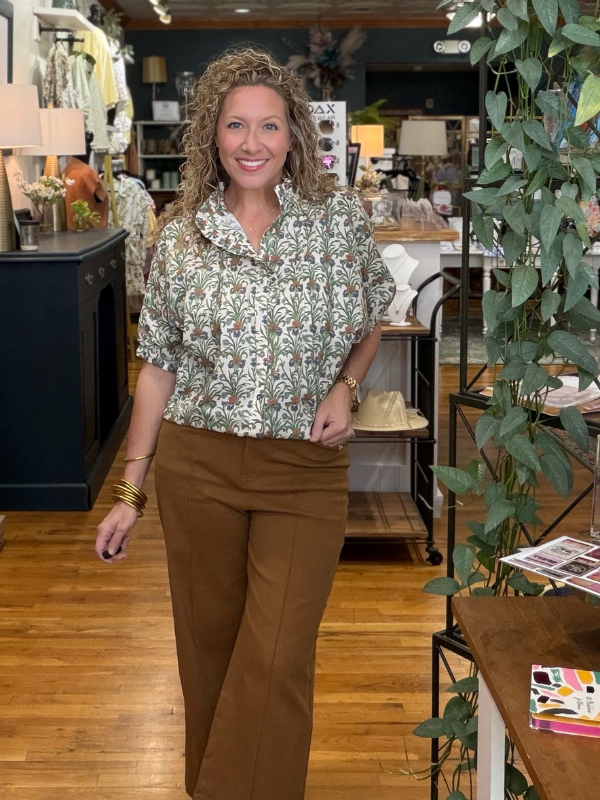 Cream + Olive Floral Button Up Top