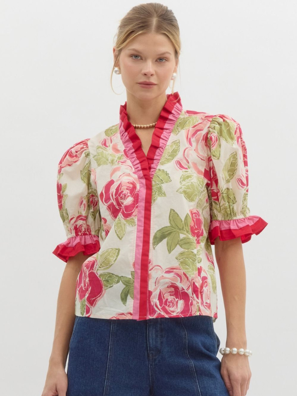 Cream & Pink Floral Ruffle Snap Button Top